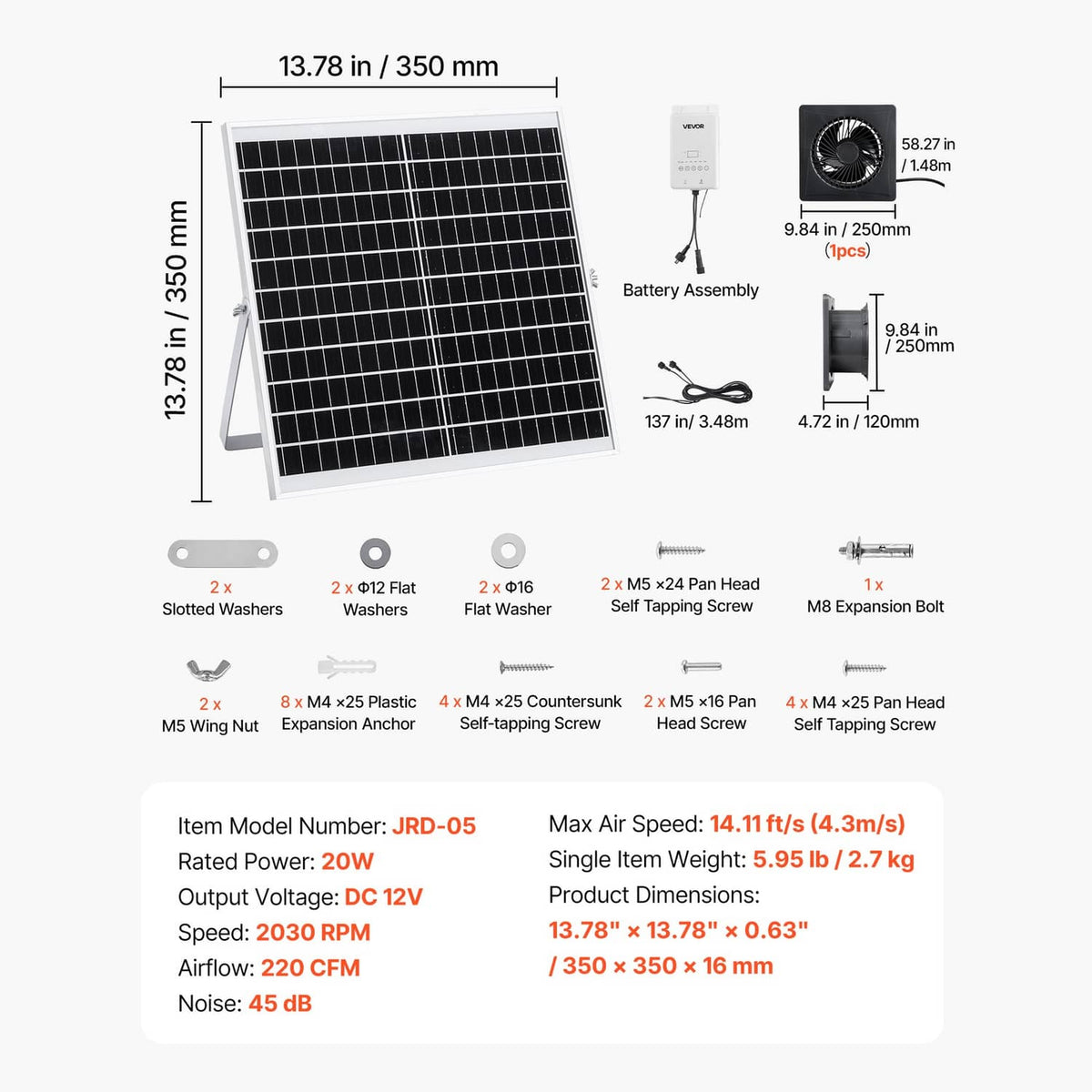 Solar panel, battery assembly, and ventilation fan parts with labeled dimensions