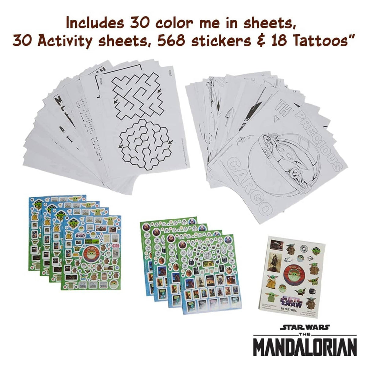 Mandalorian art sheets with stickers and tattoos, plus multiple color me in pages