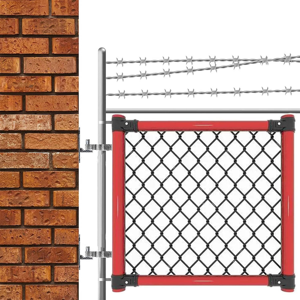 Chain link gate post hinge attached to metal post with mesh gate and red frame.