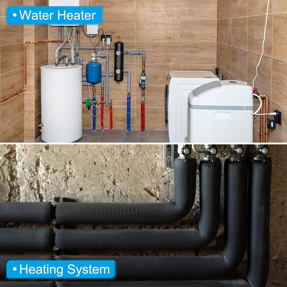 Black foam pipe insulation on heating system pipes running along wall