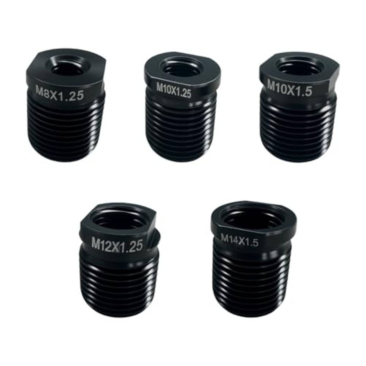Five black hex gear shift knob thread adapters with stamped thread sizes