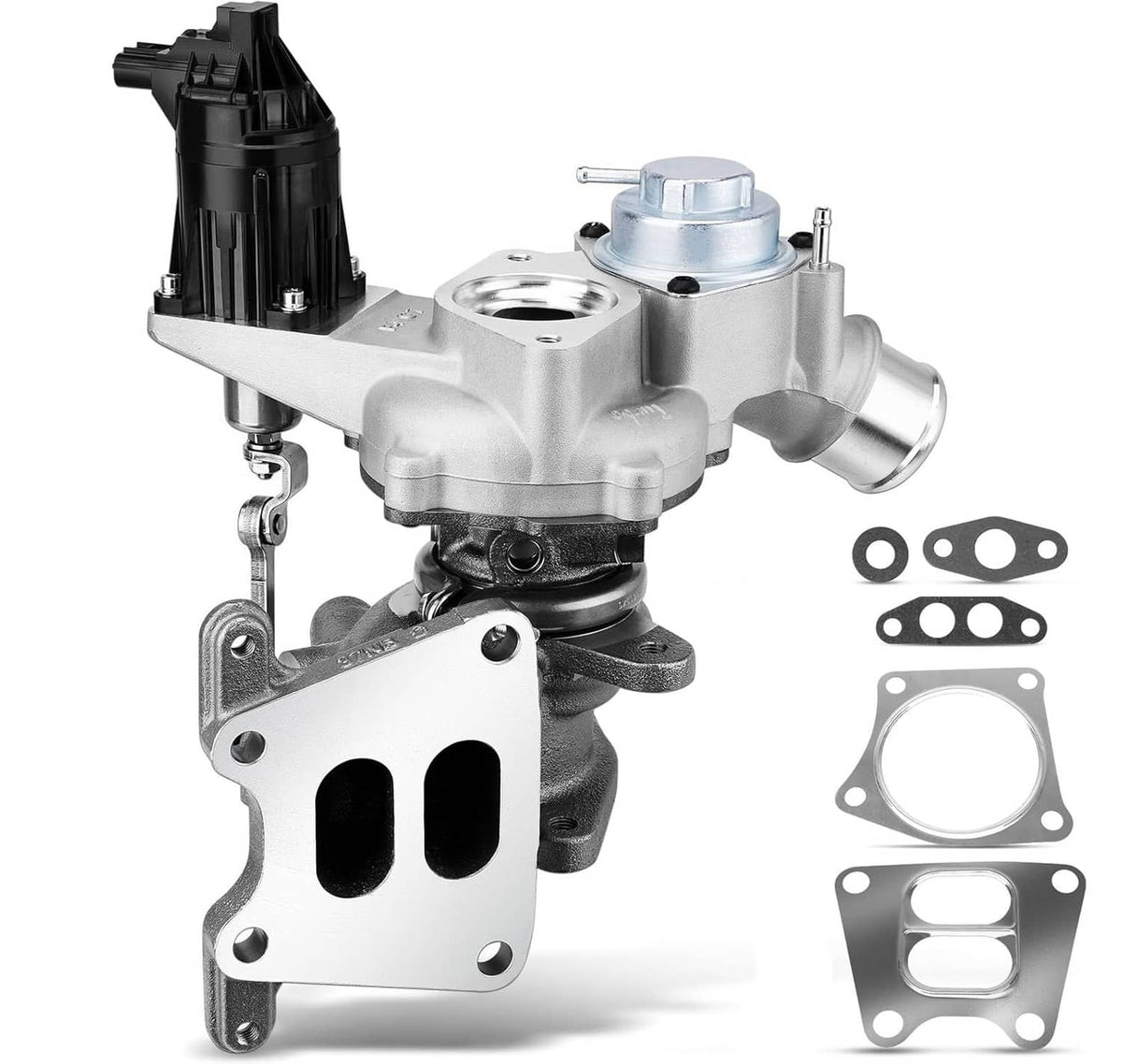 Turbocharger with actuator assembly and mounting gaskets, silver and black metal parts