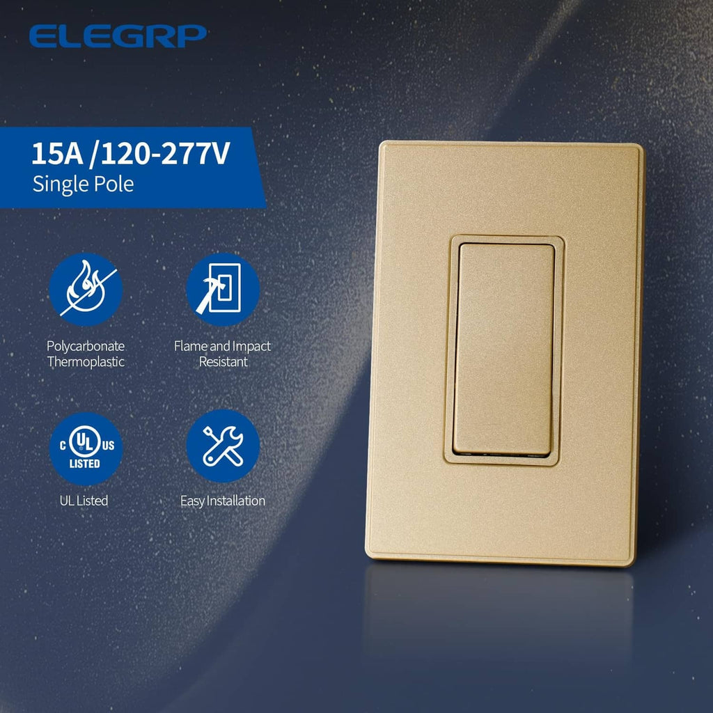 Champagne gold matte single-pole switch plate with rectangular rocker, front view