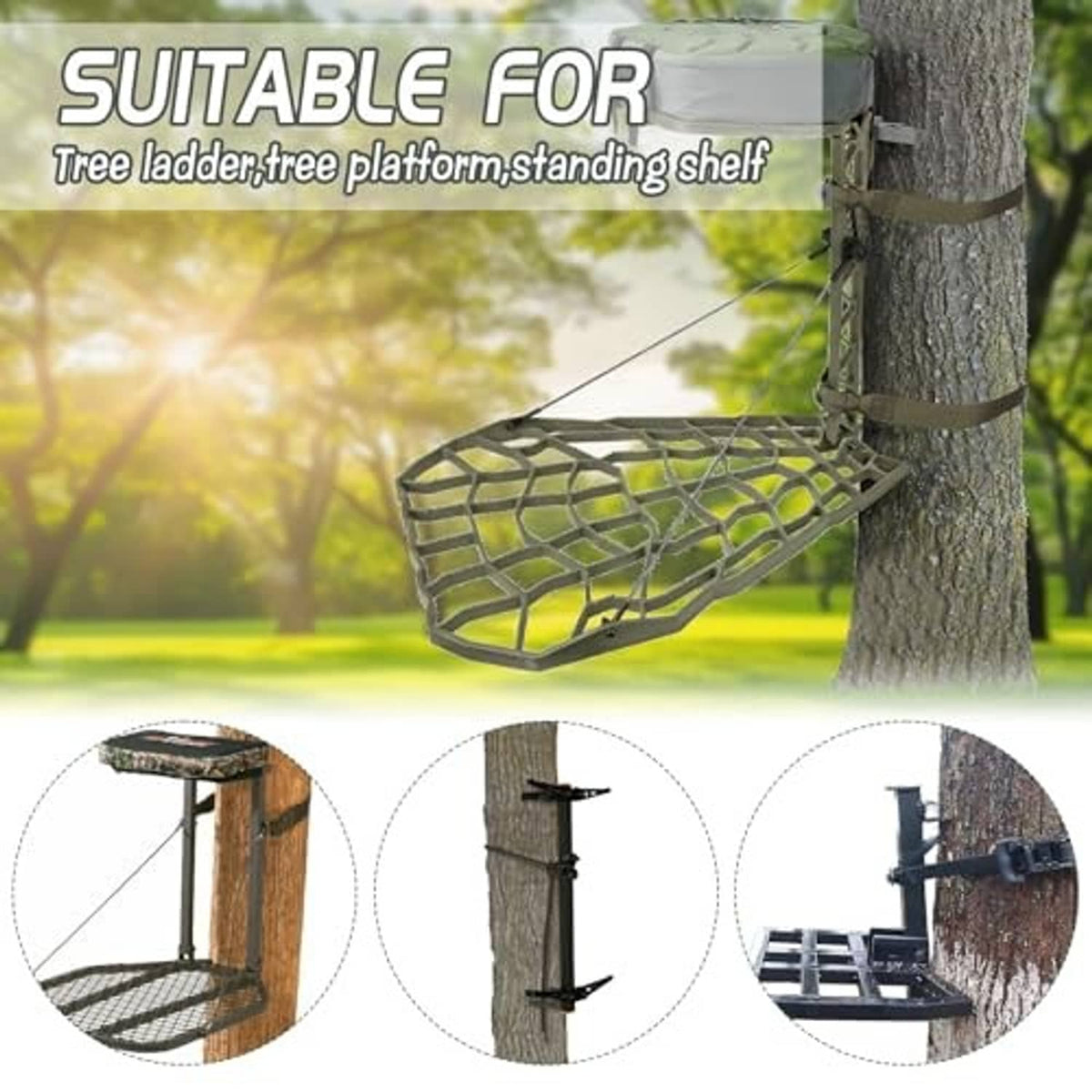 Olive replacement straps holding a tree platform to a trunk, with woven webbing