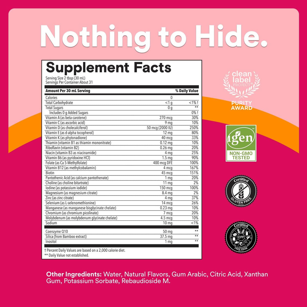 Supplement Facts label for women’s plus liquid multivitamin, peach pineapple flavor