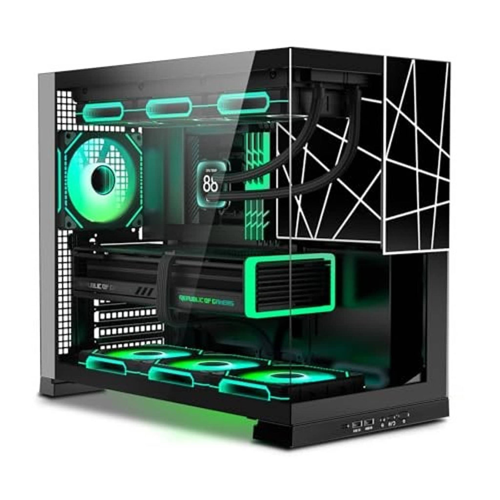 Black mid-tower PC case showing teal RGB fans and mesh side compartment