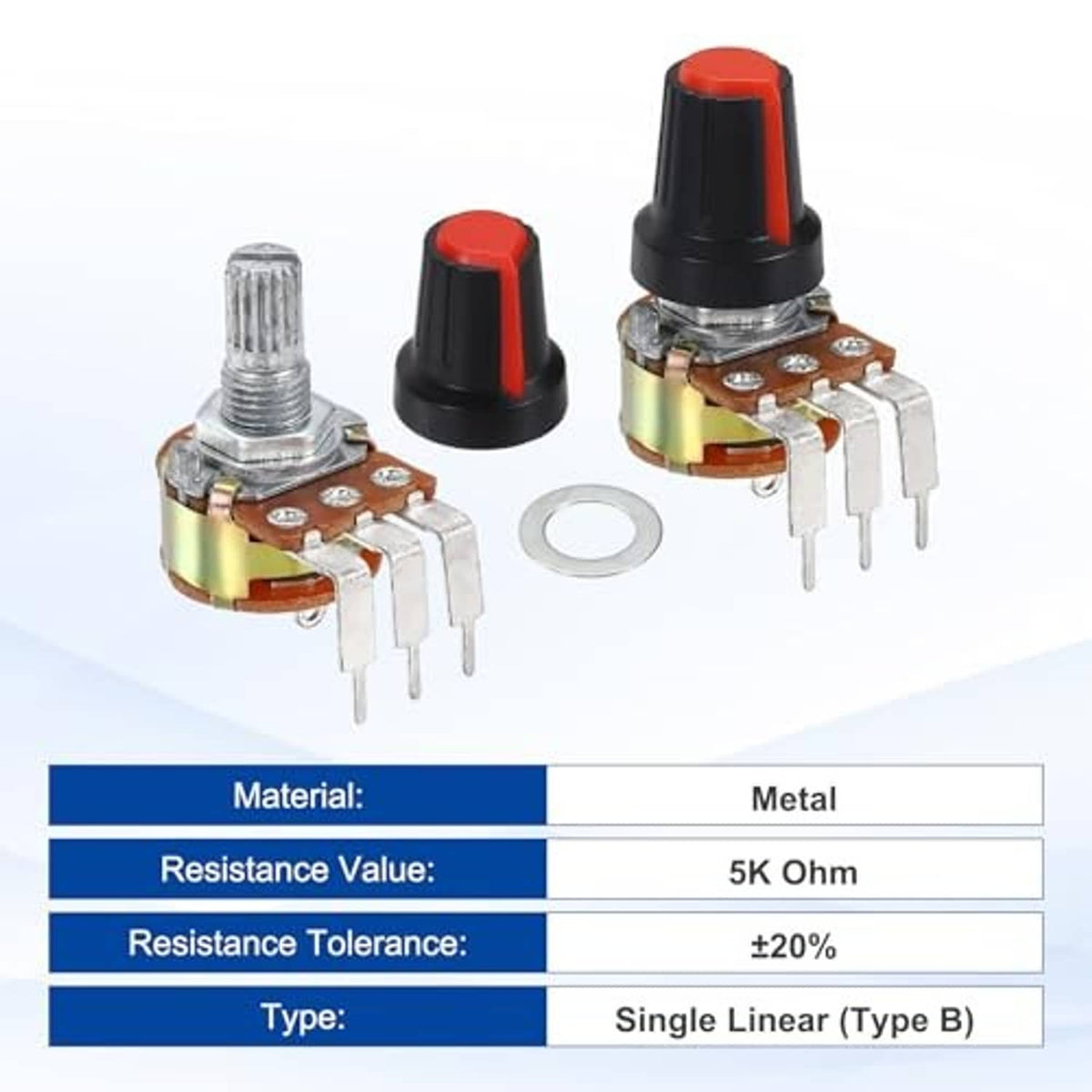 Rotary potentiometers set with metal base, 3 pins, and red-black control knobs