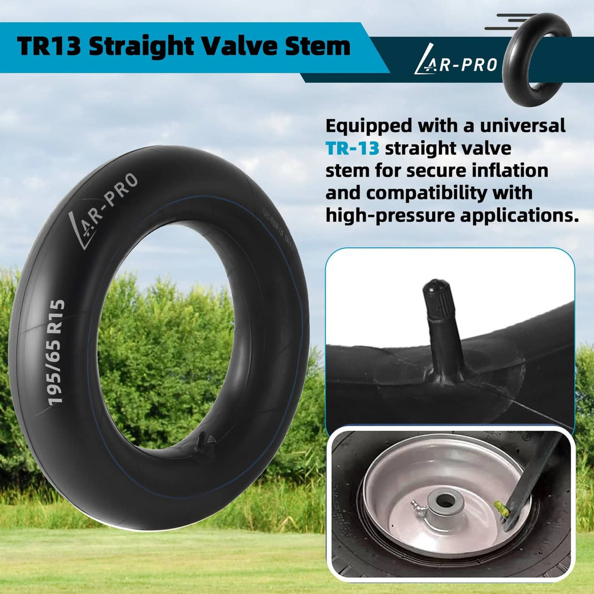 Black inner tube with straight TR13 valve stem, plus valve detail