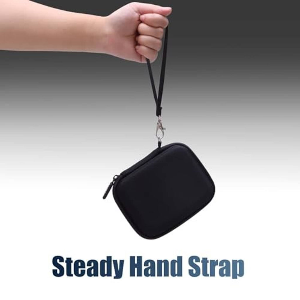 Black portable speaker case with wrist strap, zip-closed compact design.