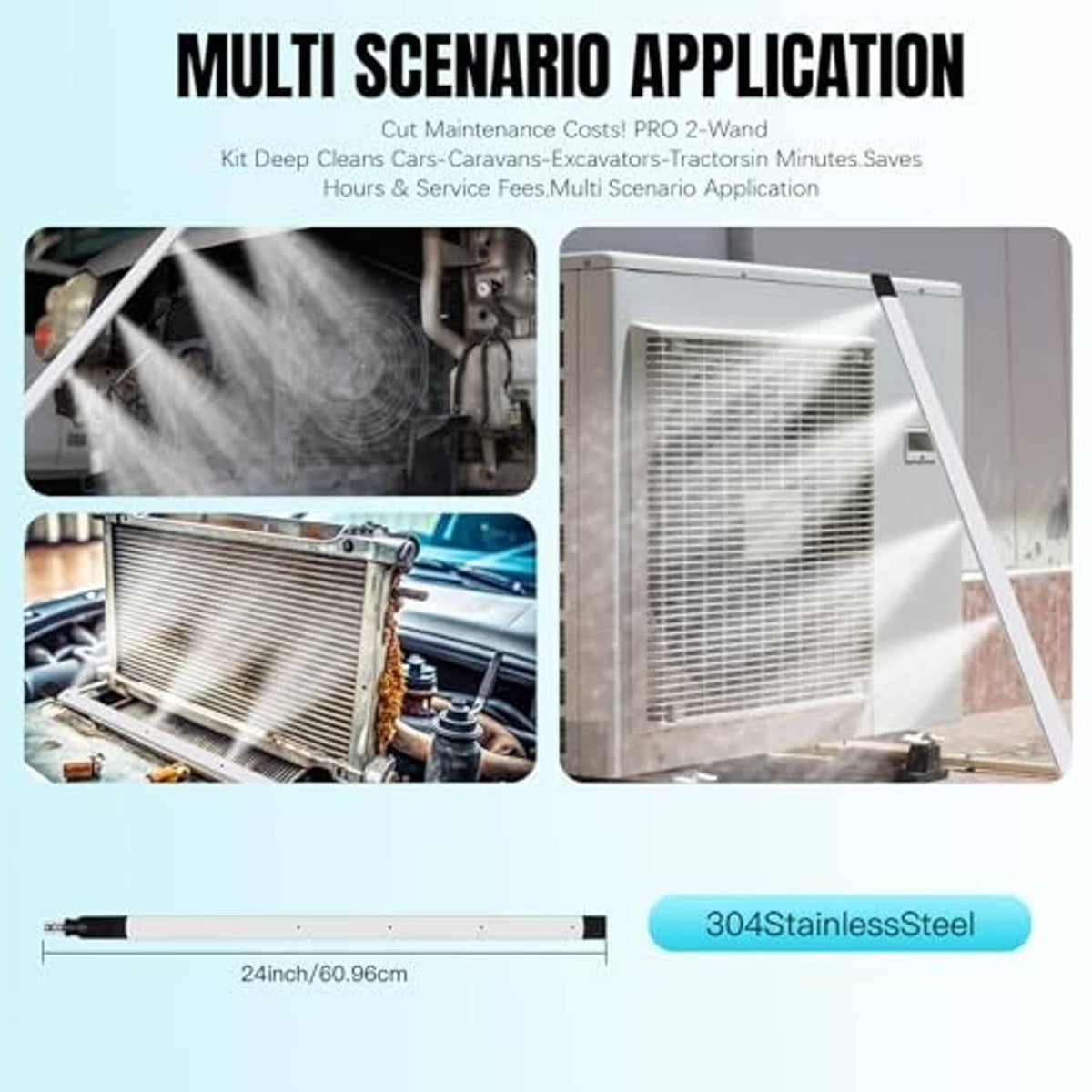 Radiator cleaning wand extended over finned radiator cooler