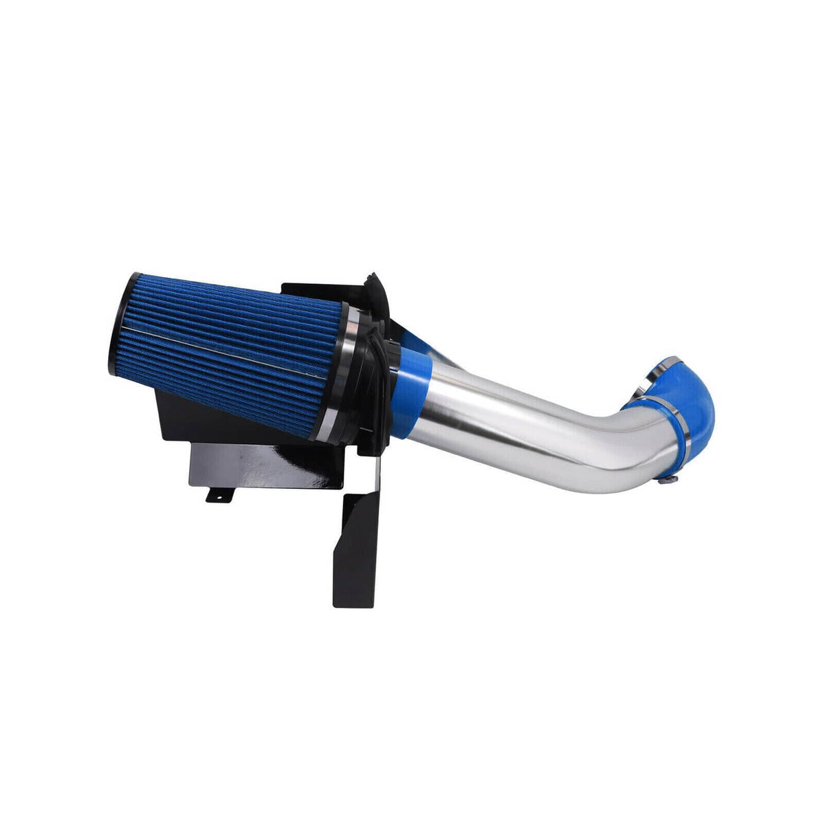 Blue cone air filter with silver intake pipe and black heat shield, cold air intake kit.