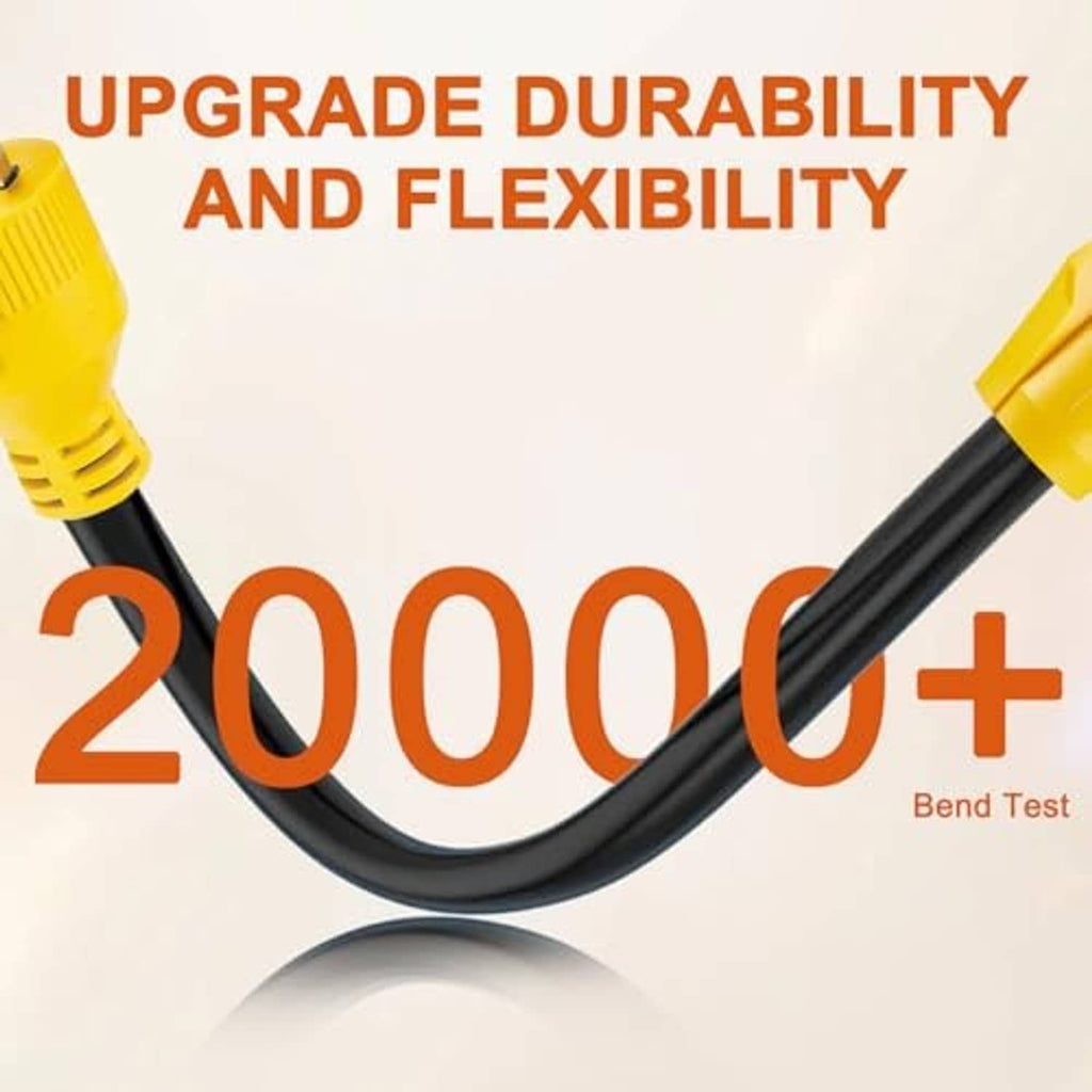 Heavy-duty NEMA adapter cord with flexible black cable and yellow 4-prong plugs