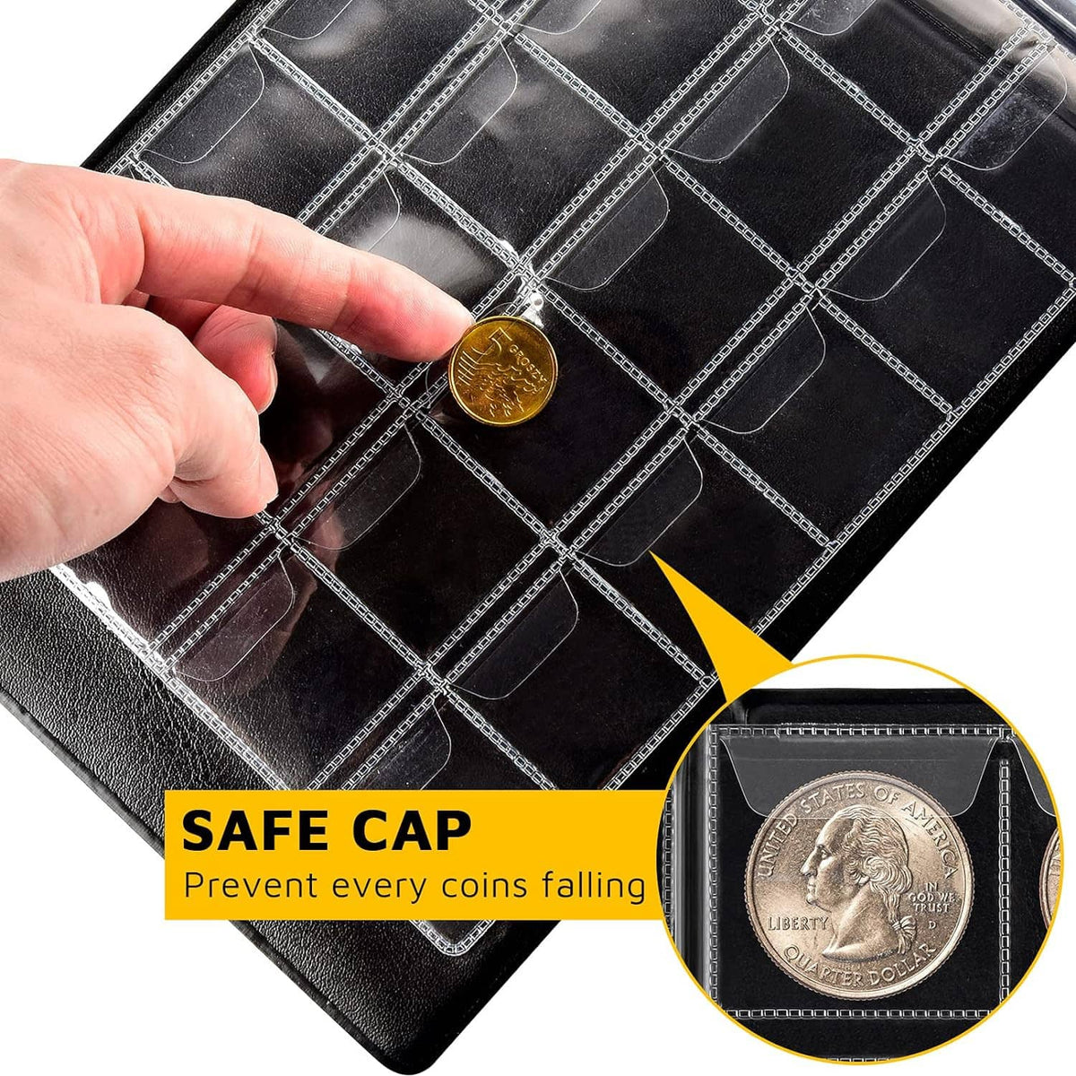 Coin album pocket grid with a coin being placed; secure caps help prevent falling