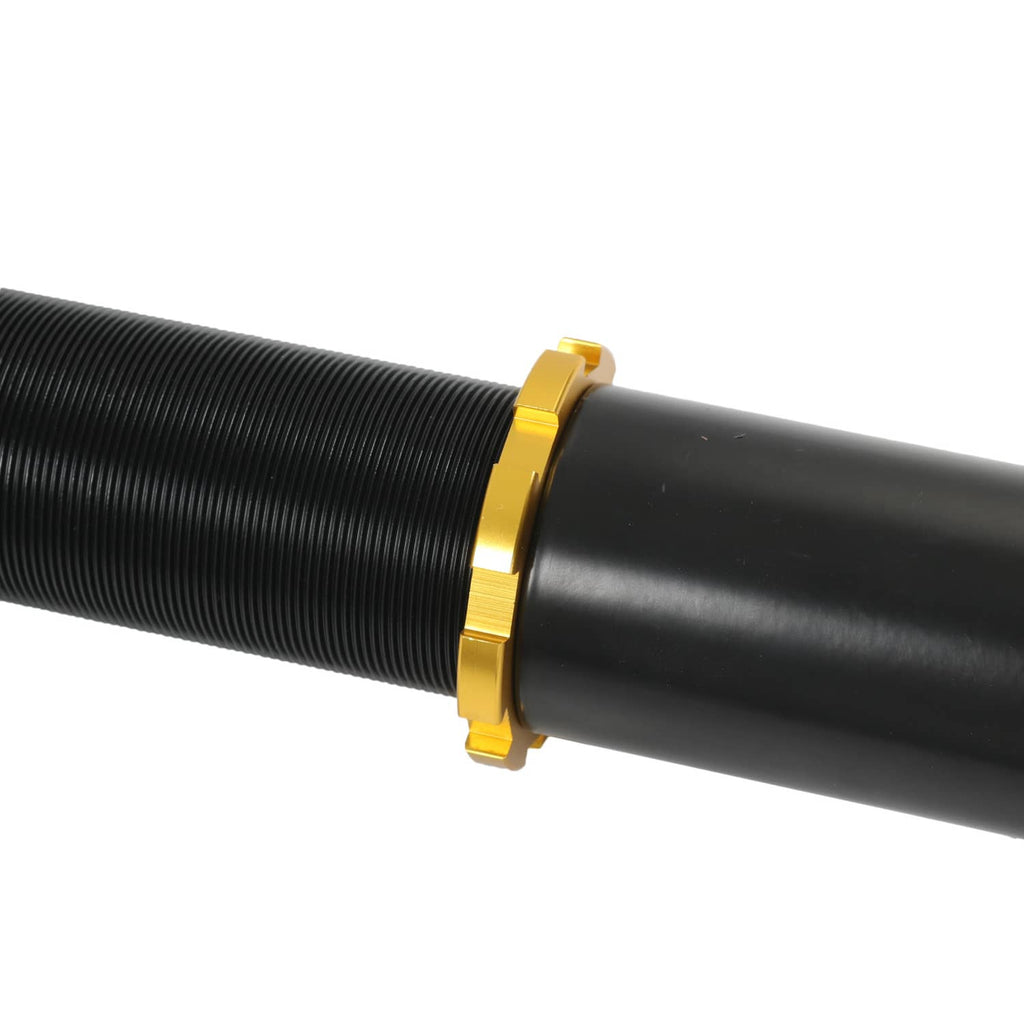 Black coil spring seat and ribbed strut body with yellow adjustment ring