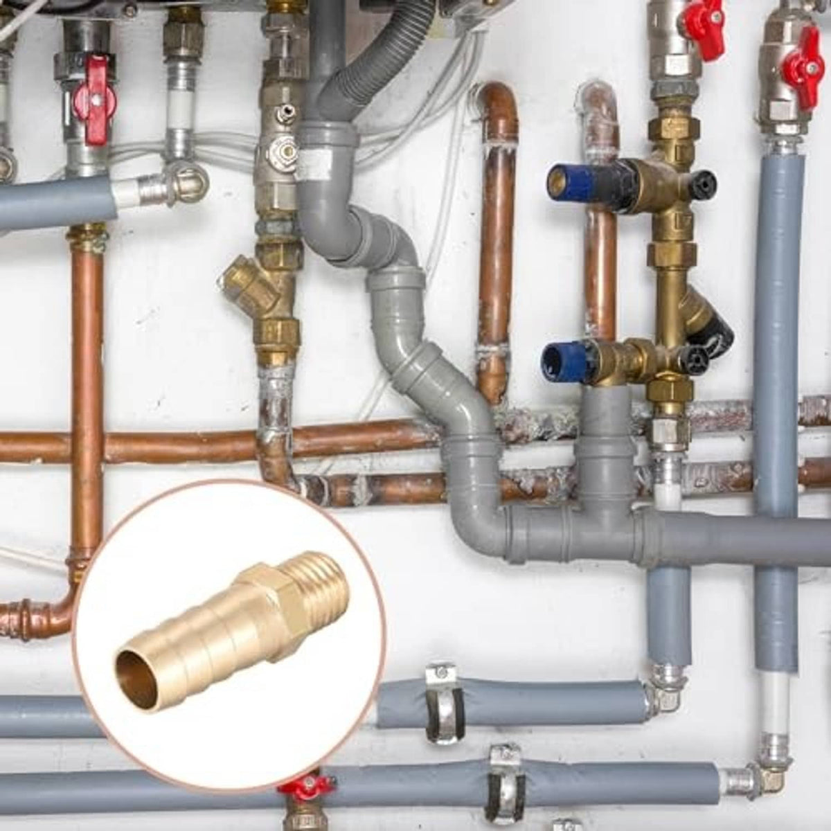 Brass hose barb fitting on plumbing line, barbed outlet and male threads