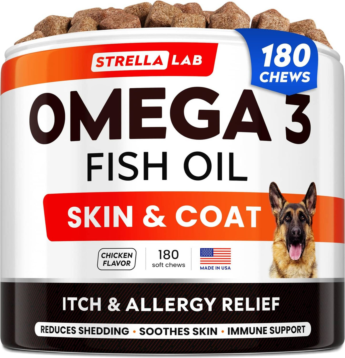 Dog fish oil soft chew container, Omega 3 Skin & Coat, 180 chews, chicken flavor