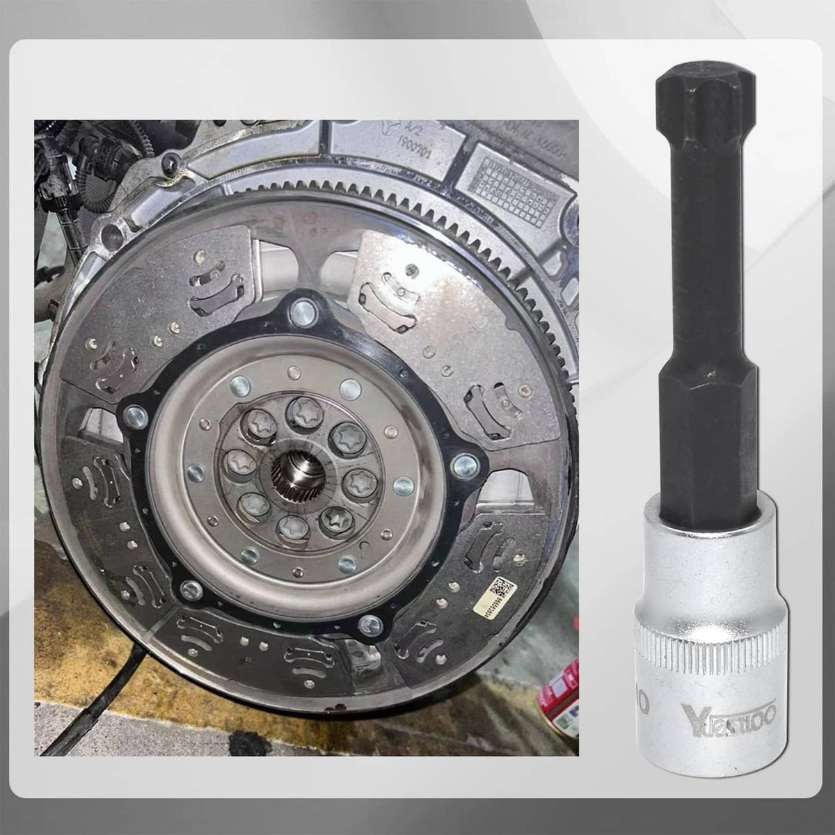 Flywheel bolt socket tool next to engine flywheel clutch ring