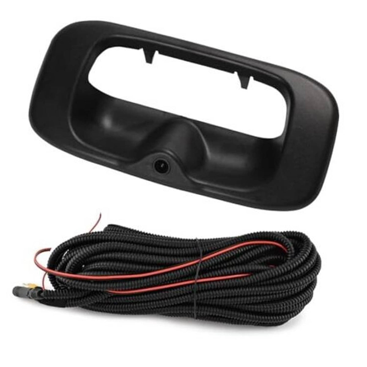 Black tailgate backup camera housing with built-in lens and wiring cable