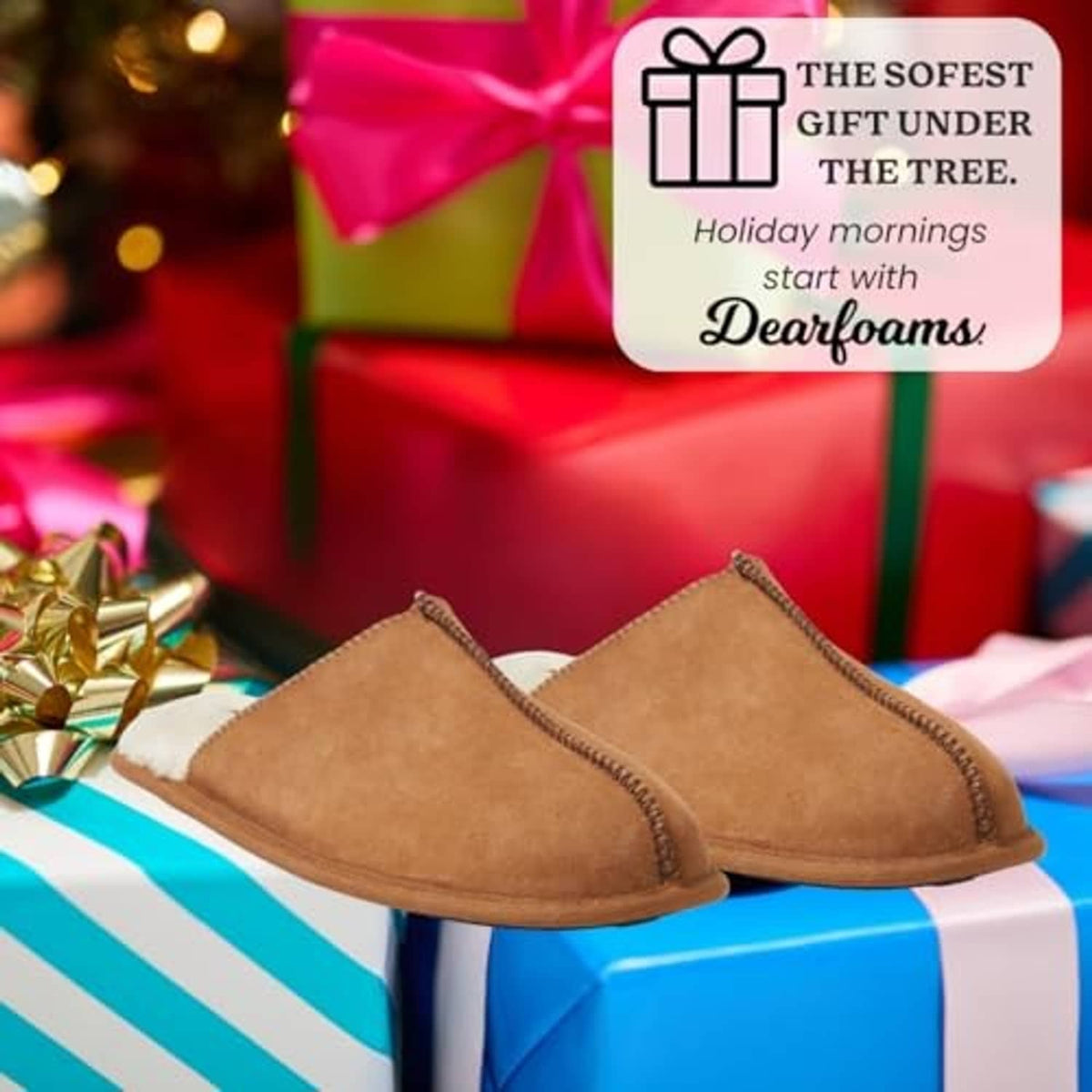 Pair of chestnut suede scuff slippers with plush white lining