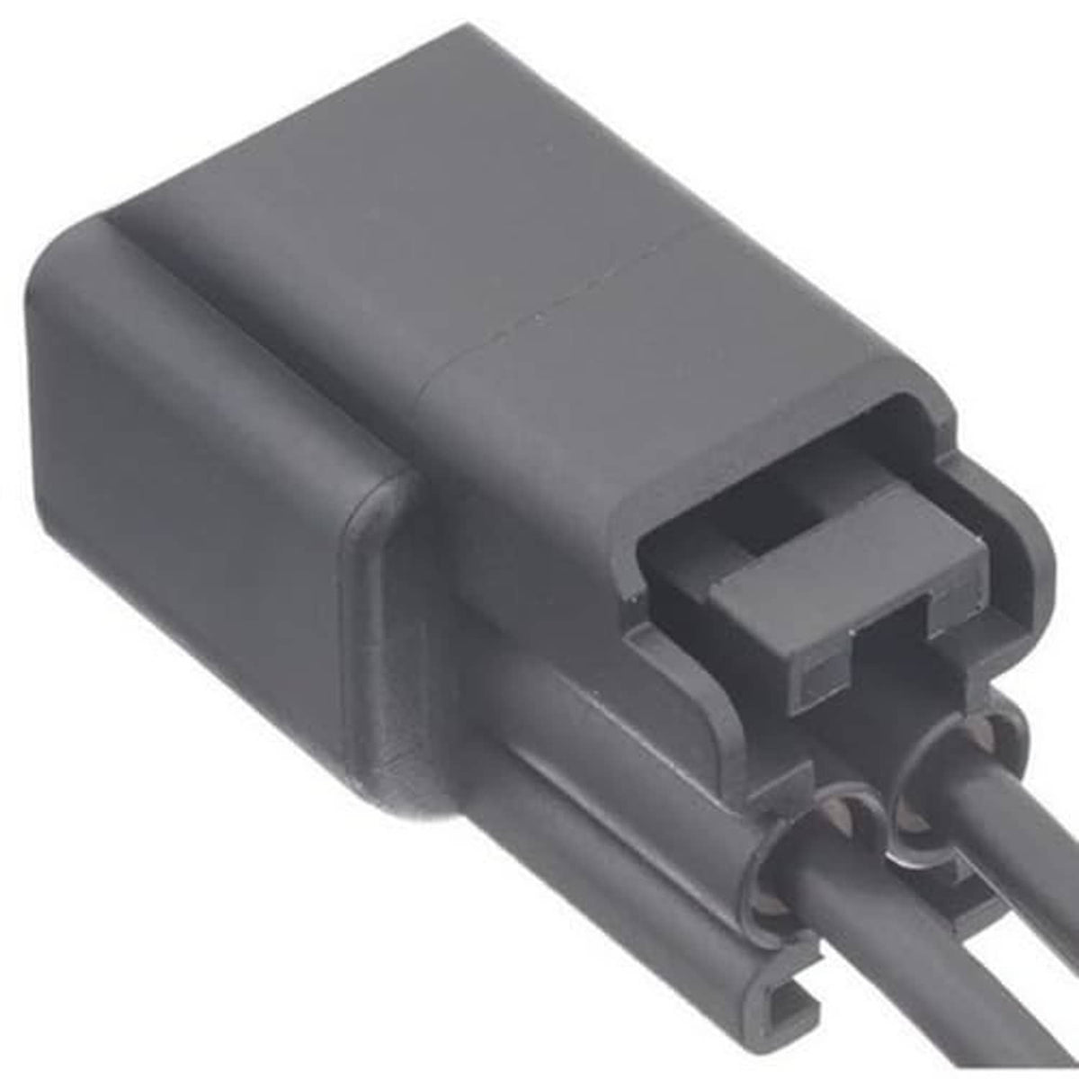Gray plastic engine sensor connector housing with two-pin opening and wiring leads