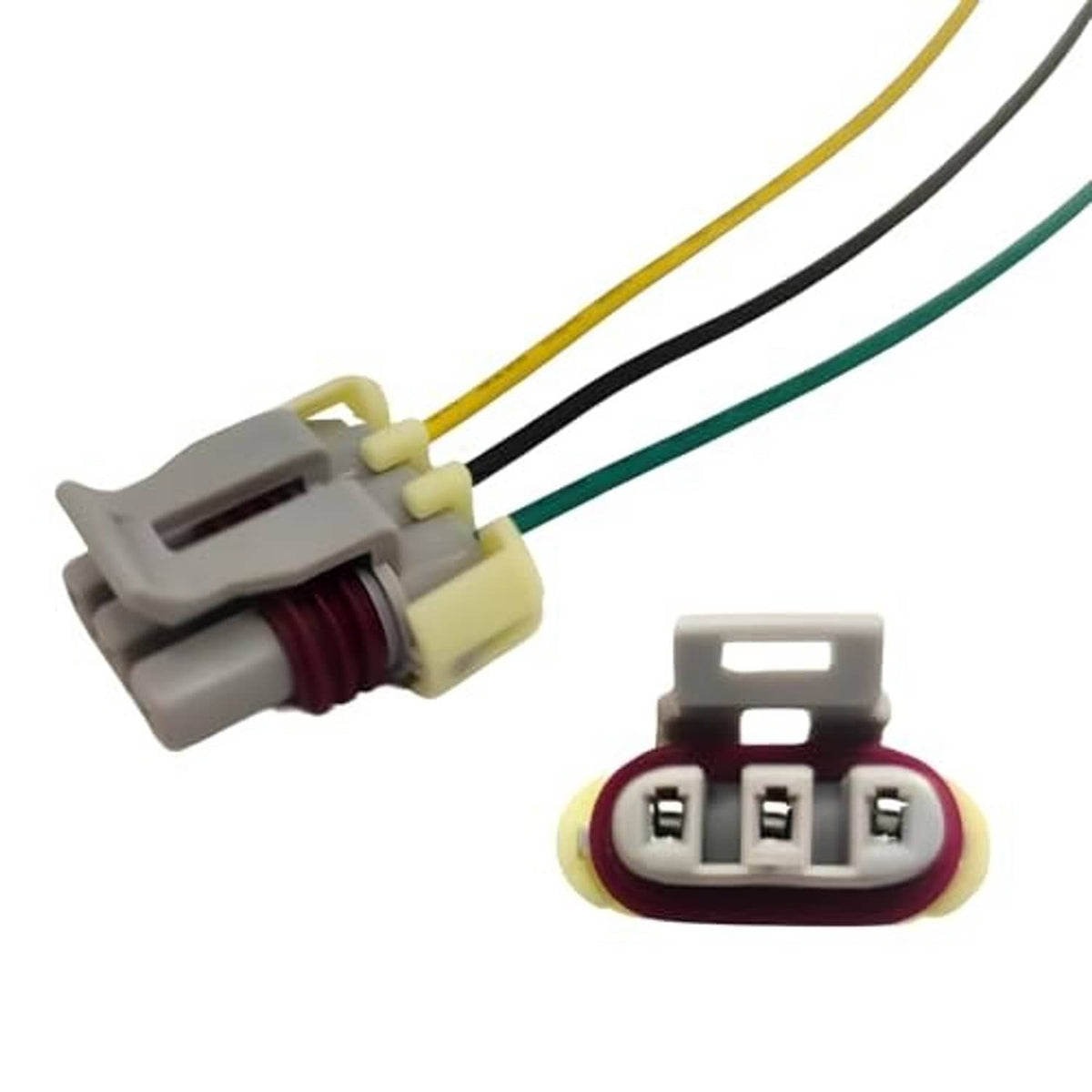 Wiring harness connector set with gray plug, three-pin socket, yellow/black/green wires