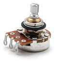 Audio taper potentiometer with short split shaft, metal body, and orange terminal board