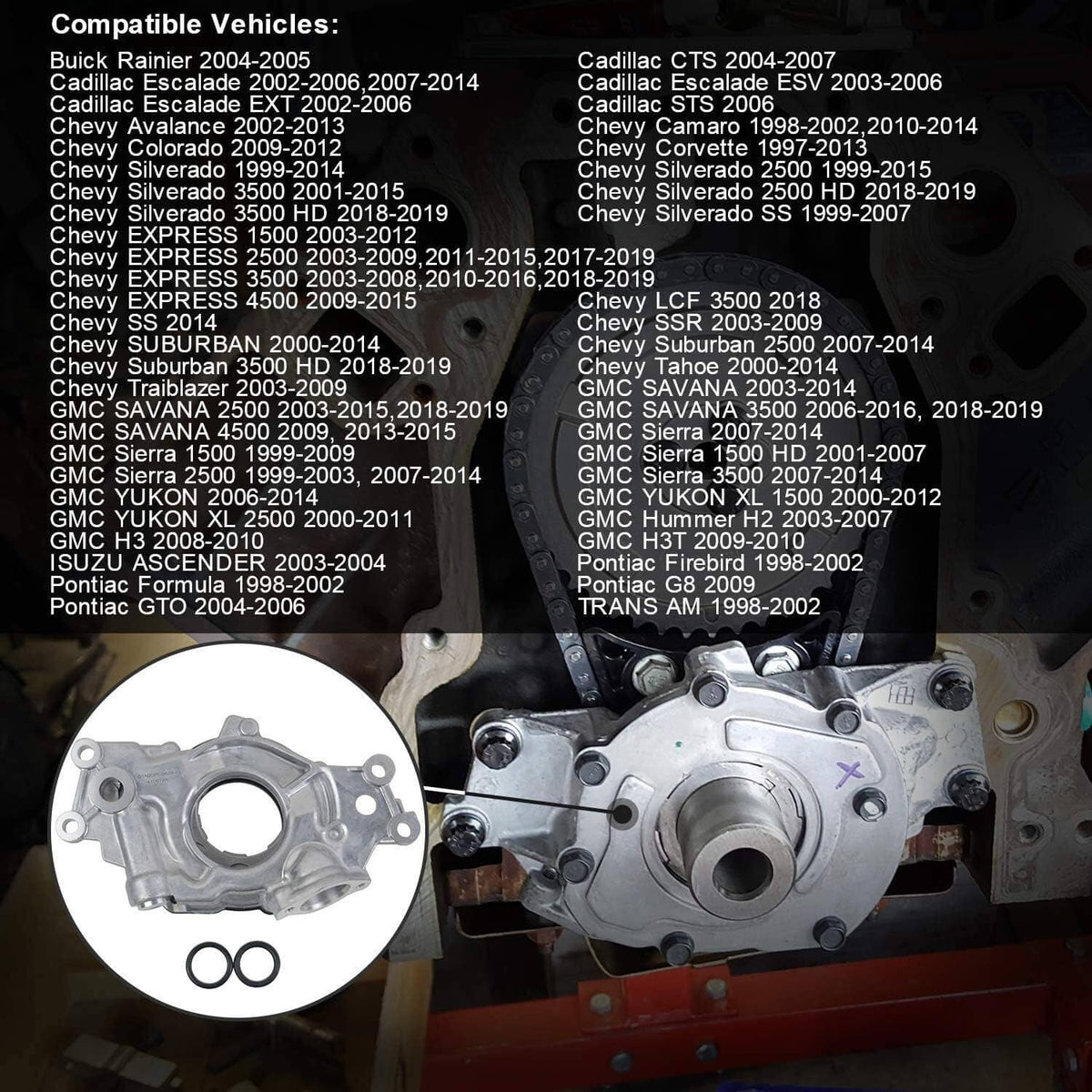 High volume oil pump pictured with a parts list background and gasket set