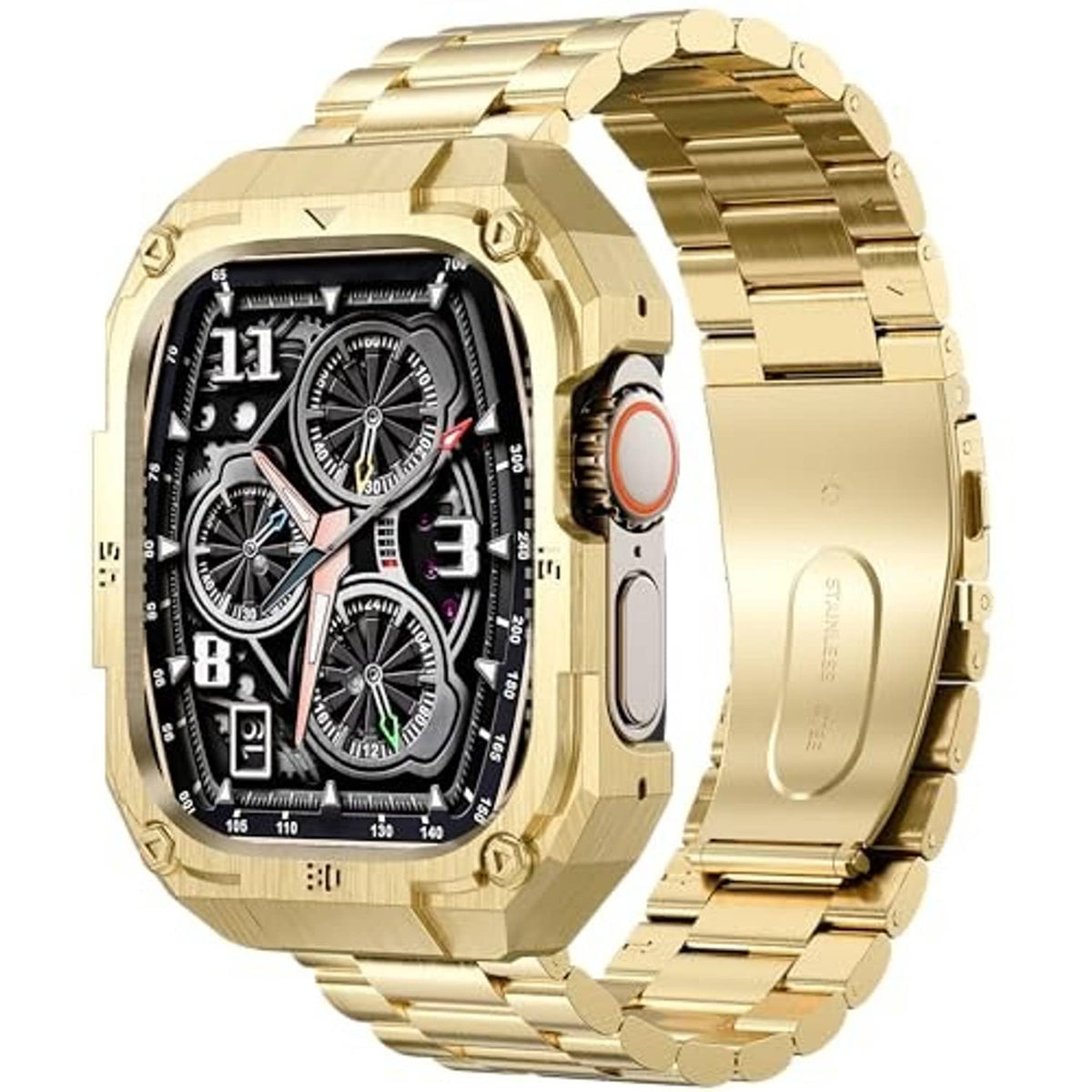 Gold-tone stainless steel watch with black multi-dial face and red side button