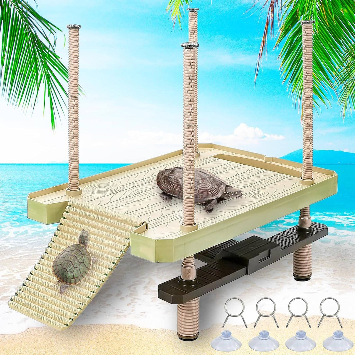 Floating turtle dock platform with ramp and feeding pad, includes suction cups and turtle