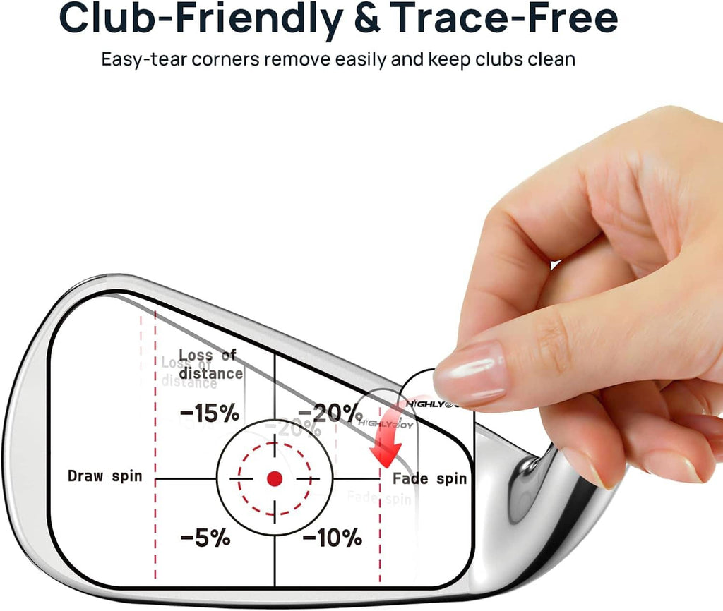 Golf iron face with clear impact sticker placed by hand on a trace-free corner