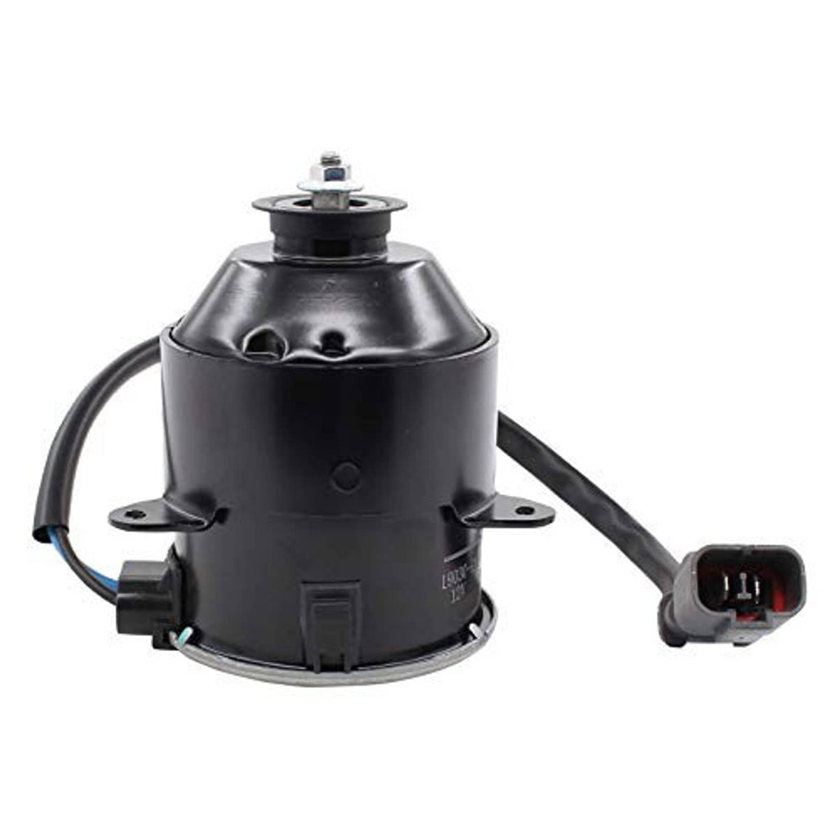 Cooling fan motor with round black housing, mounting tabs, and two-pin connector