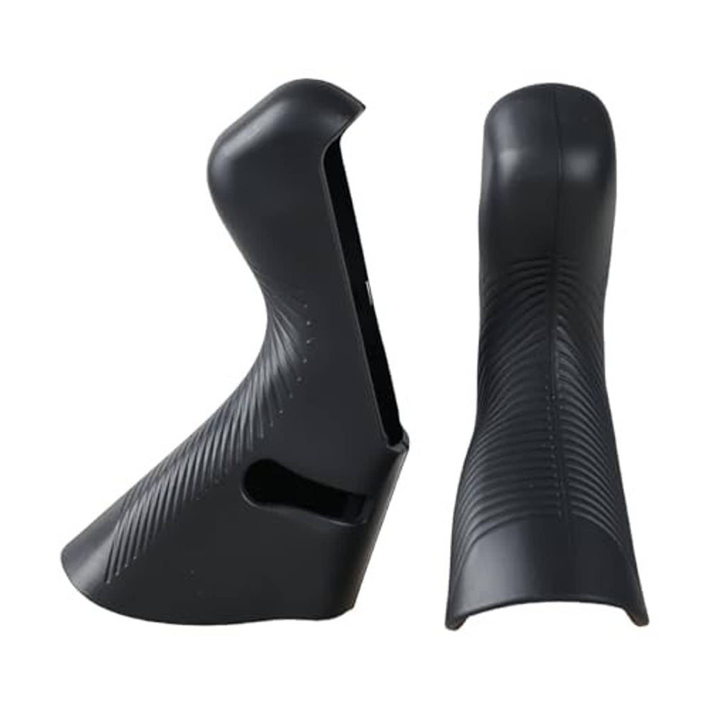 Black brake lever hood covers, side view showing ribbed grip and contoured edge (pair)