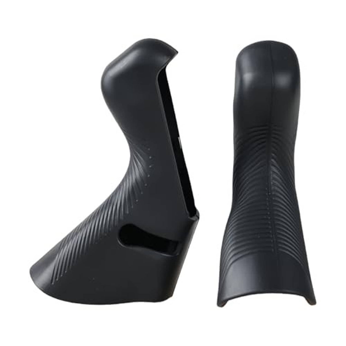 Black brake lever hood covers, side view showing ribbed grip and contoured edge (pair)