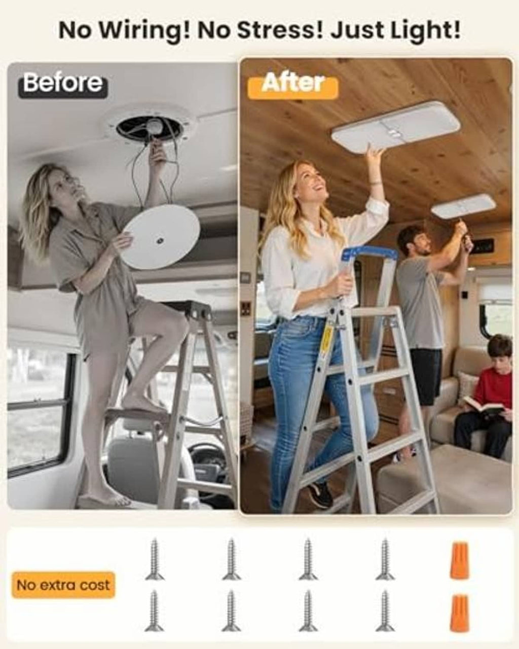 RV LED ceiling light installation concept with screws and quick-mount socket clips.