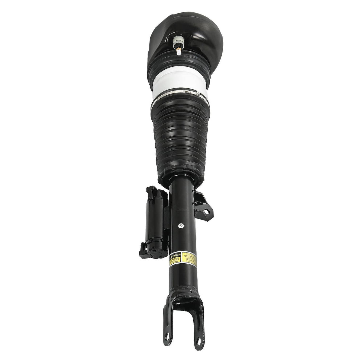 Air suspension shock strut with white air spring and black mounting brackets