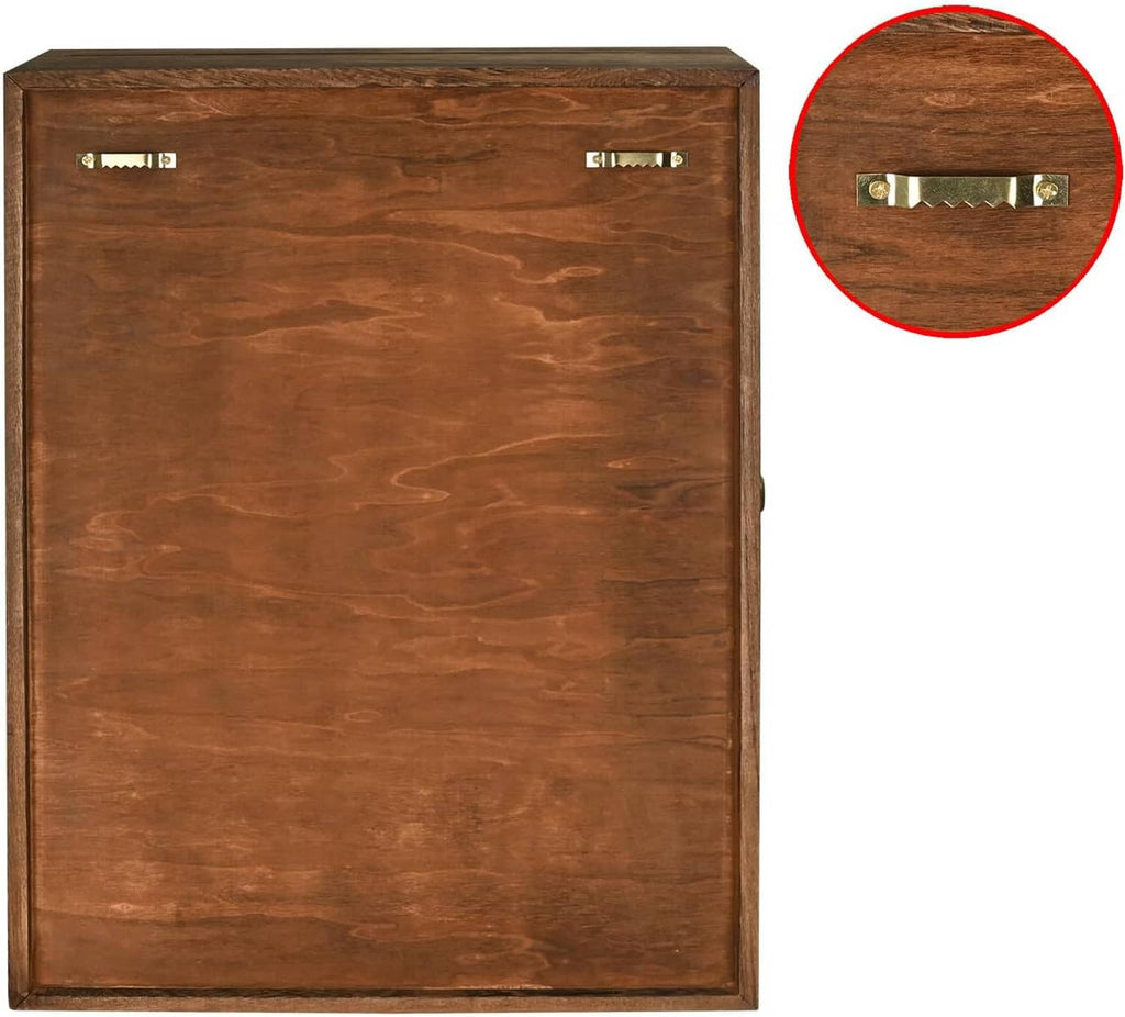 Wooden cabinet back panel close-up with lock hardware and metal mounting brackets.