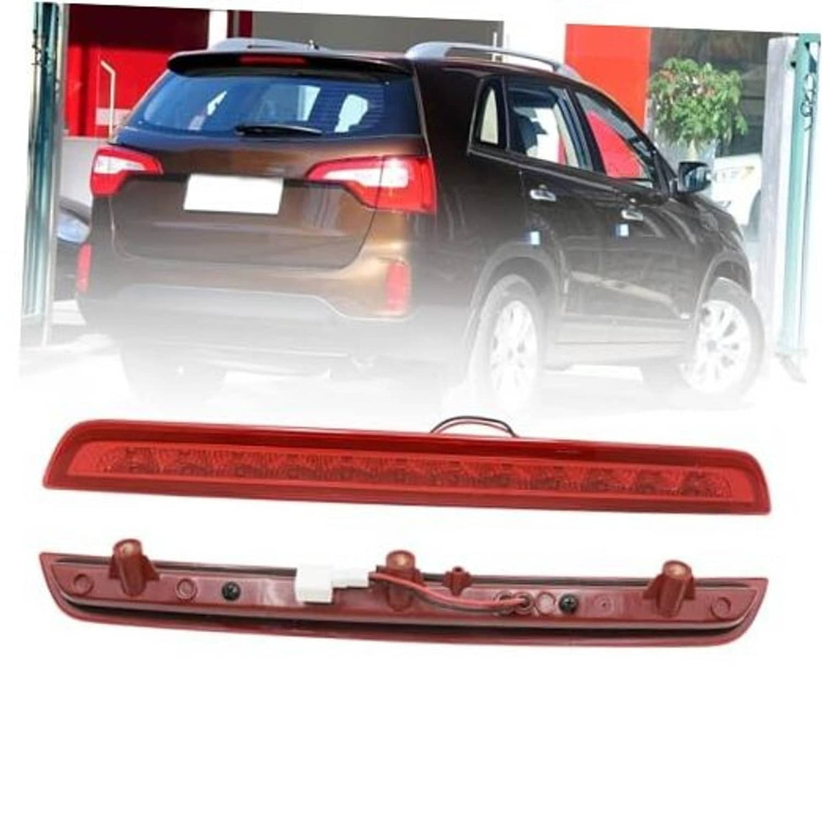 Red rear center third brake light assembly with mounting clips and connector