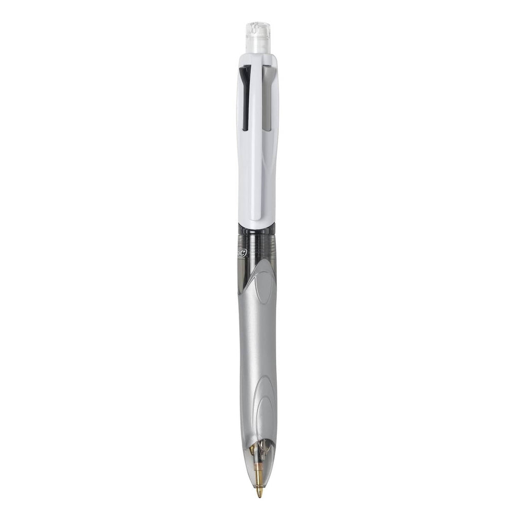 Silver ballpoint pen with clear tip cover and attached mechanical pencil