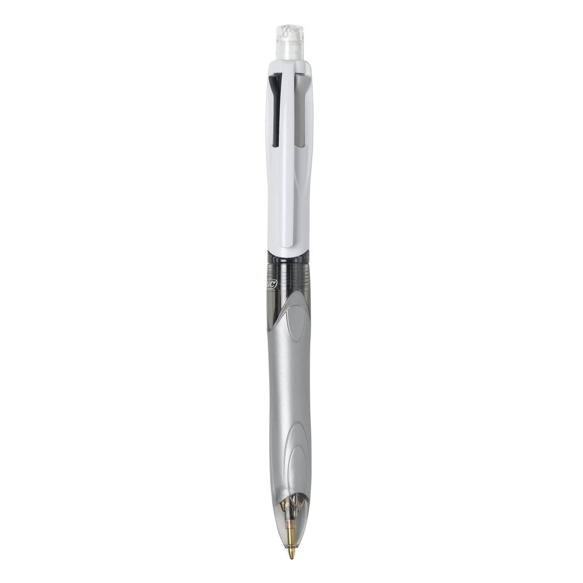 Silver ballpoint pen with clear tip cover and attached mechanical pencil