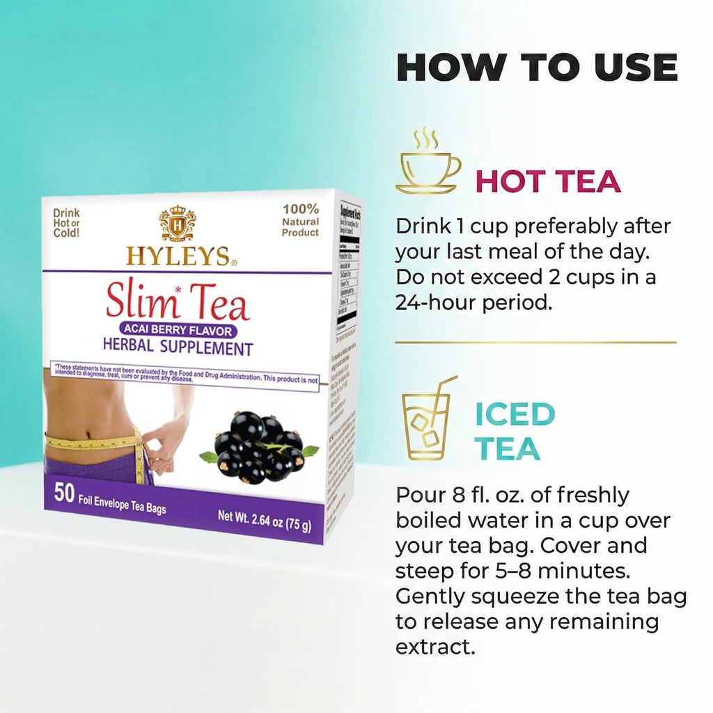 Slim Tea herbal supplement box with hot and iced tea usage instructions