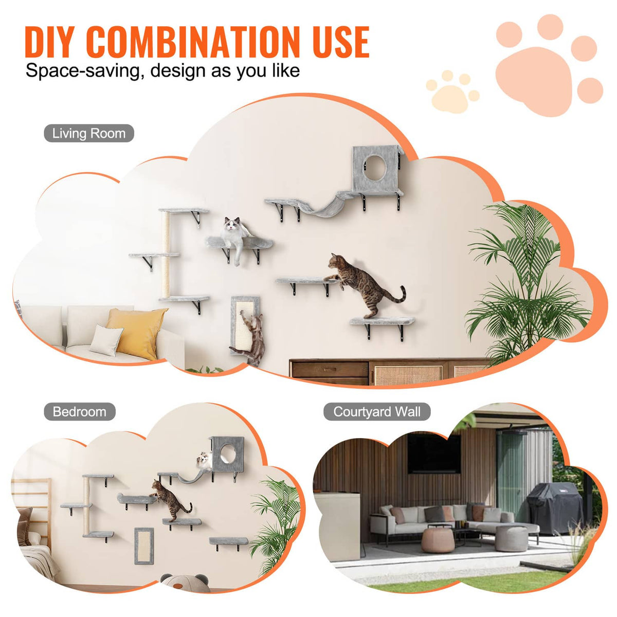 Wall-mounted cat shelf tree with gray platforms and hammock for indoor rooms