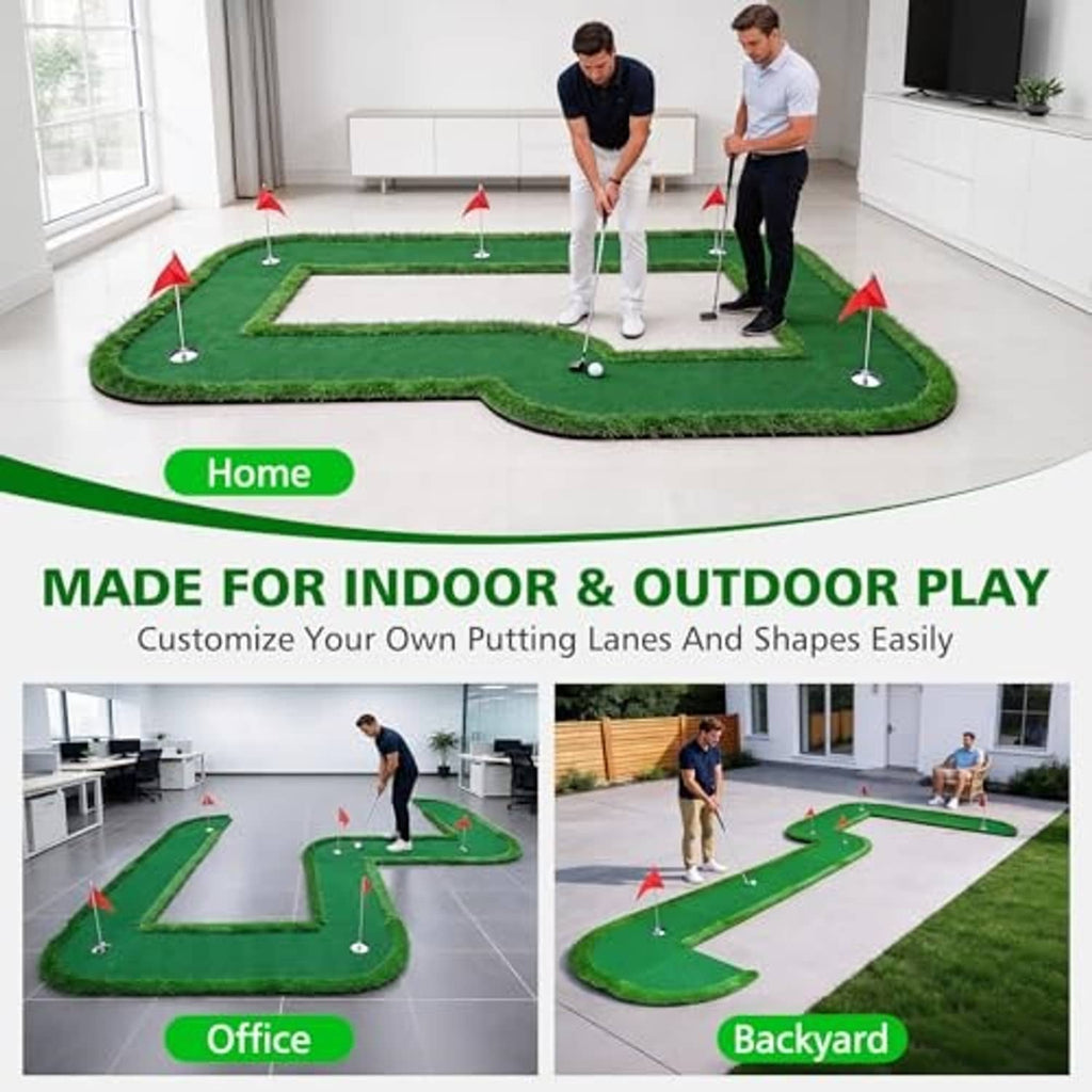 Indoor putting practice green mat with red flag hole cups and bordered lanes