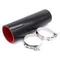 Black silicone hose coupler with red inner lining and two stainless T-bolt clamps