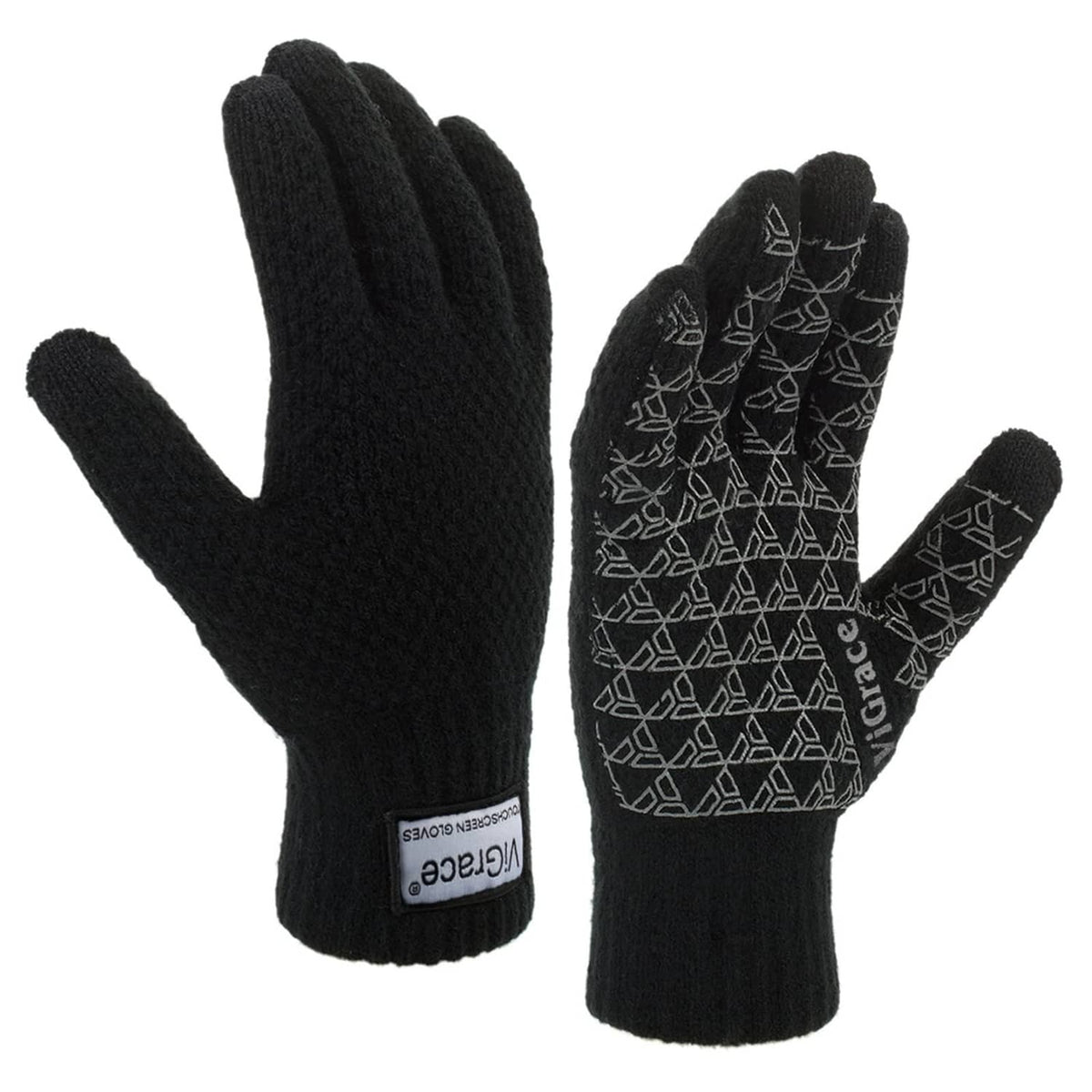 Black knit winter touchscreen gloves with patterned touchscreen fingertips and ribbed cuffs