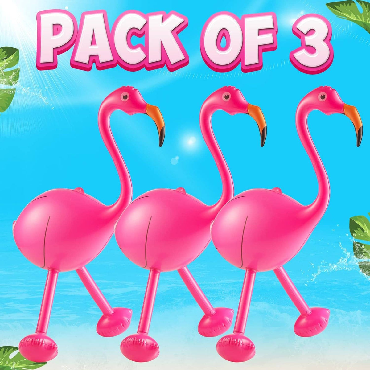 Pack of three pink inflatable flamingo decorations with orange beaks and round feet