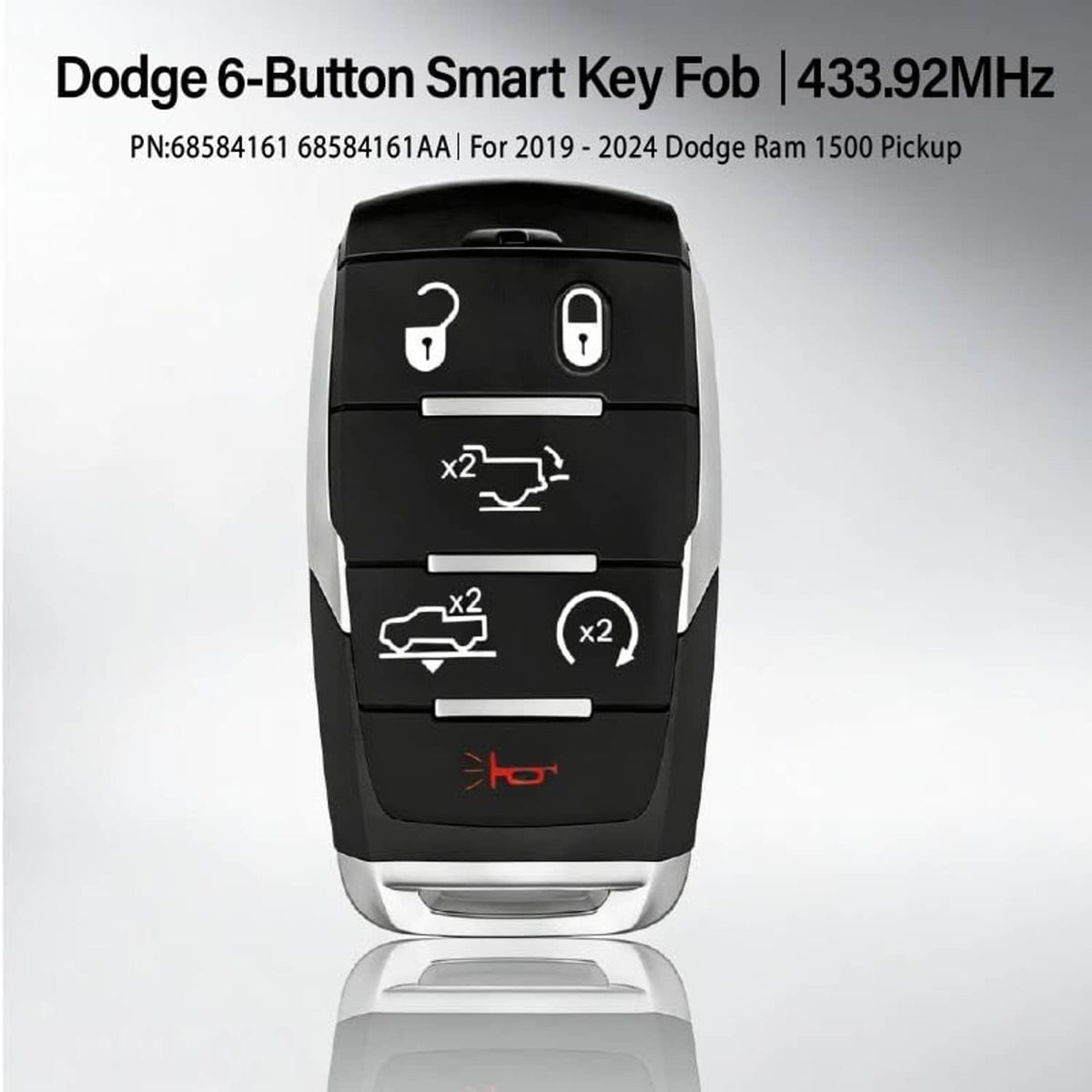 Black 6-button Dodge-style smart key fob with lock, unlock, and trunk icons