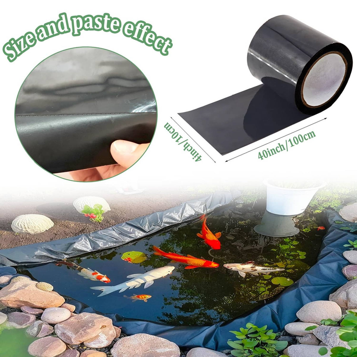 Black single-sided waterproof seam tape roll with adhesive backing detail