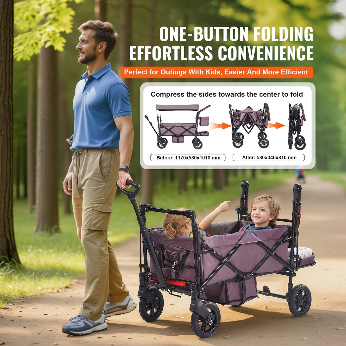 Purple double wagon stroller with canopy and side storage bags, four-wheel design