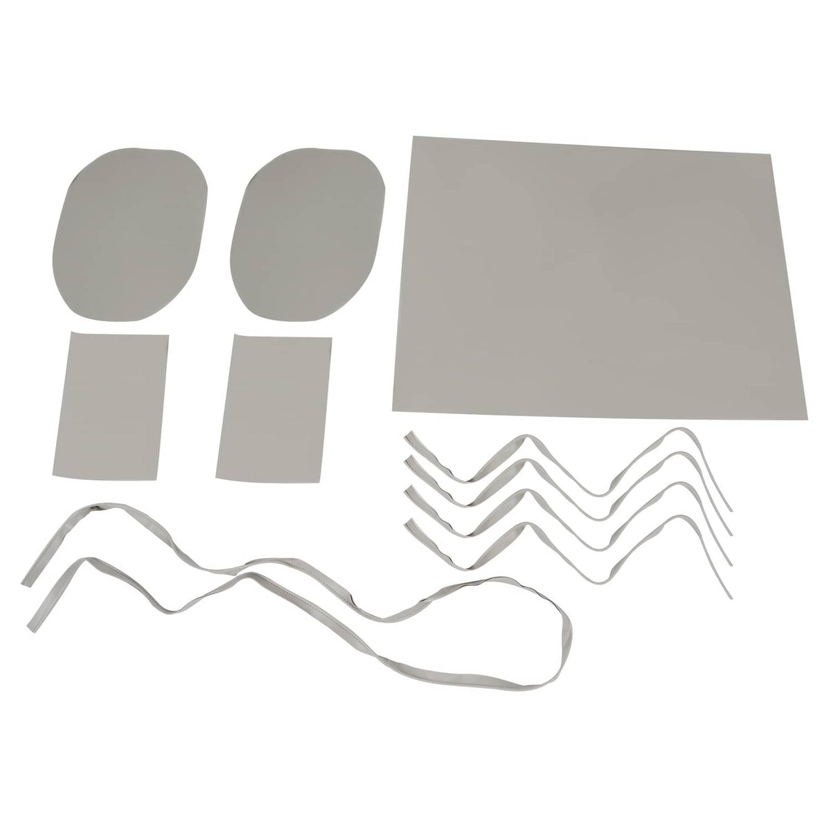 Seat cover accessory pieces: gray round panels, large gray sheet, and wavy strap strips