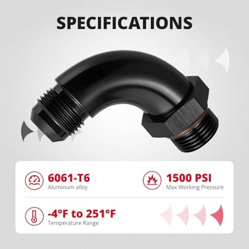 Black 90-degree AN elbow fitting with threaded ends and textured sealing interface